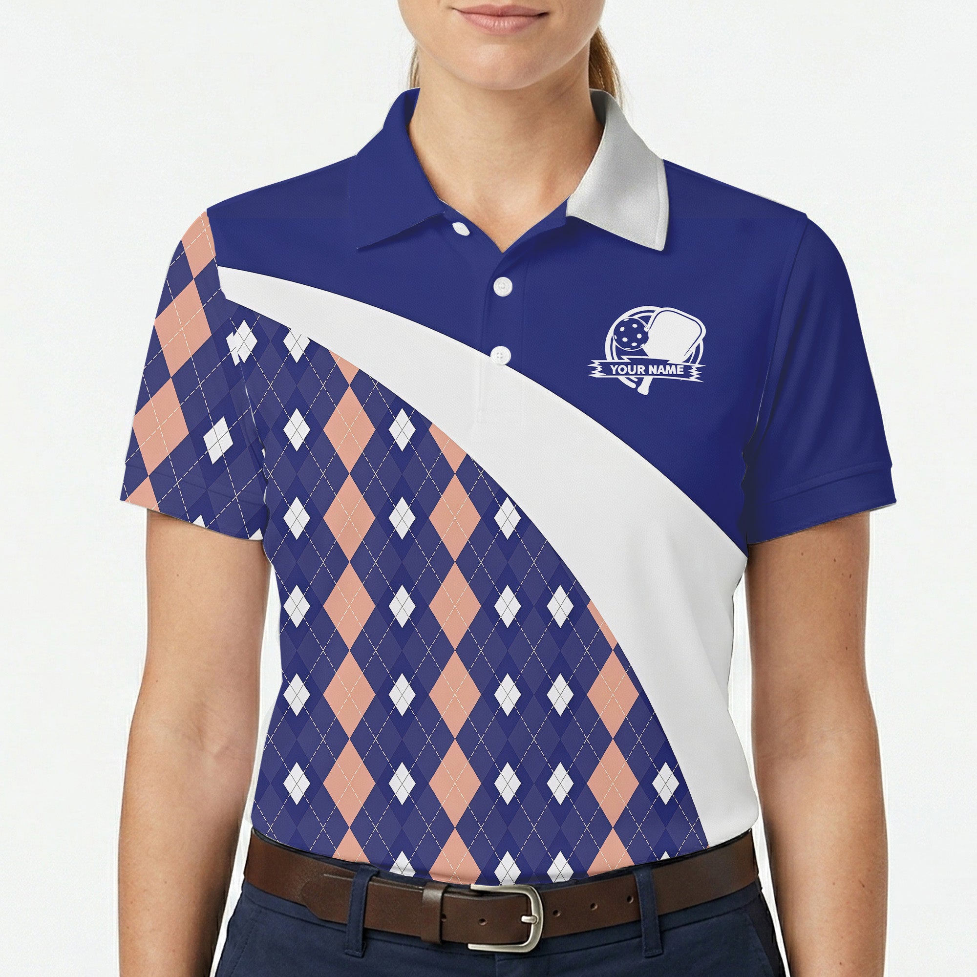 Periwinkle peach argyle pickleball polo shirt mockup variant 5