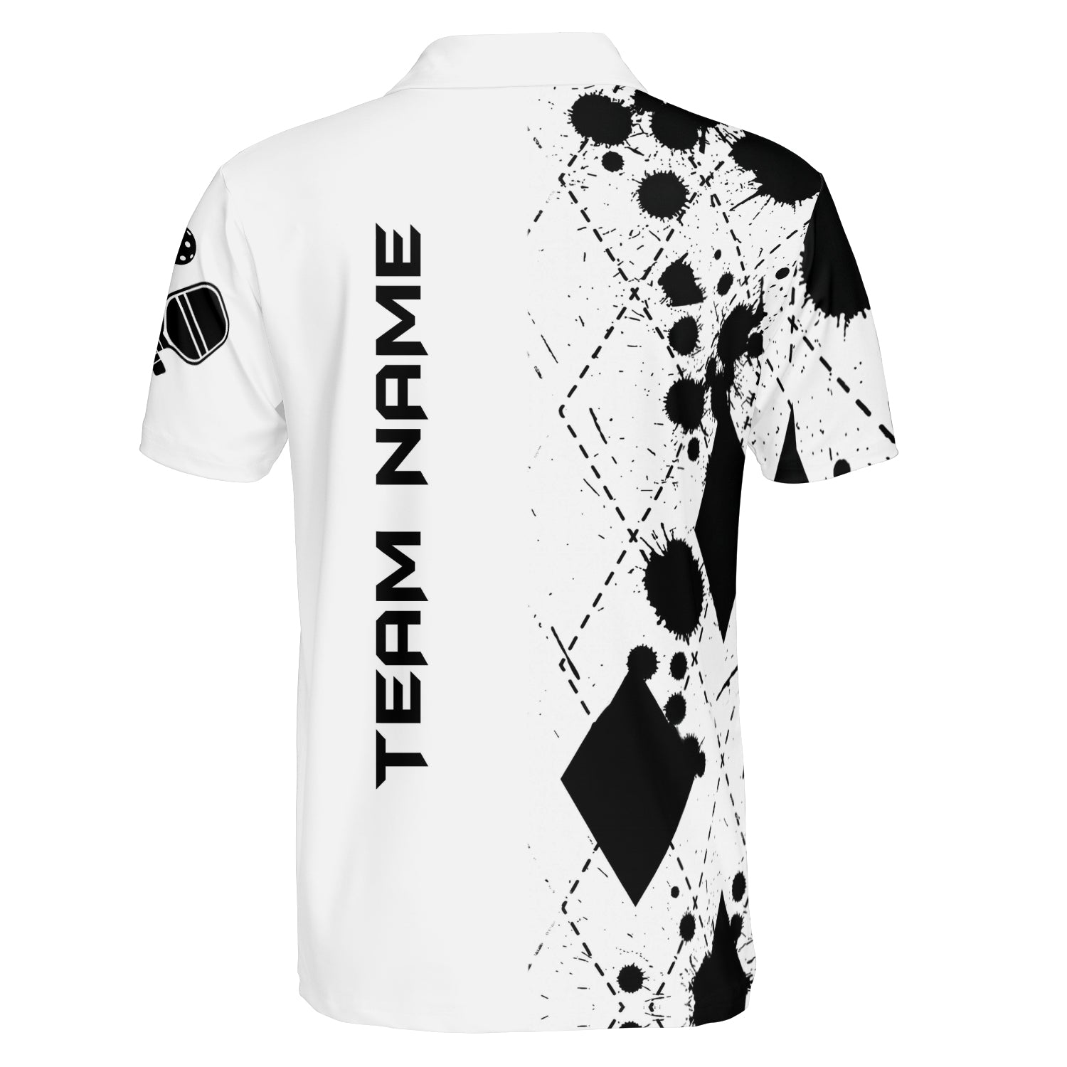 Black white ink splatter diamond pickleball polo with name variant 2