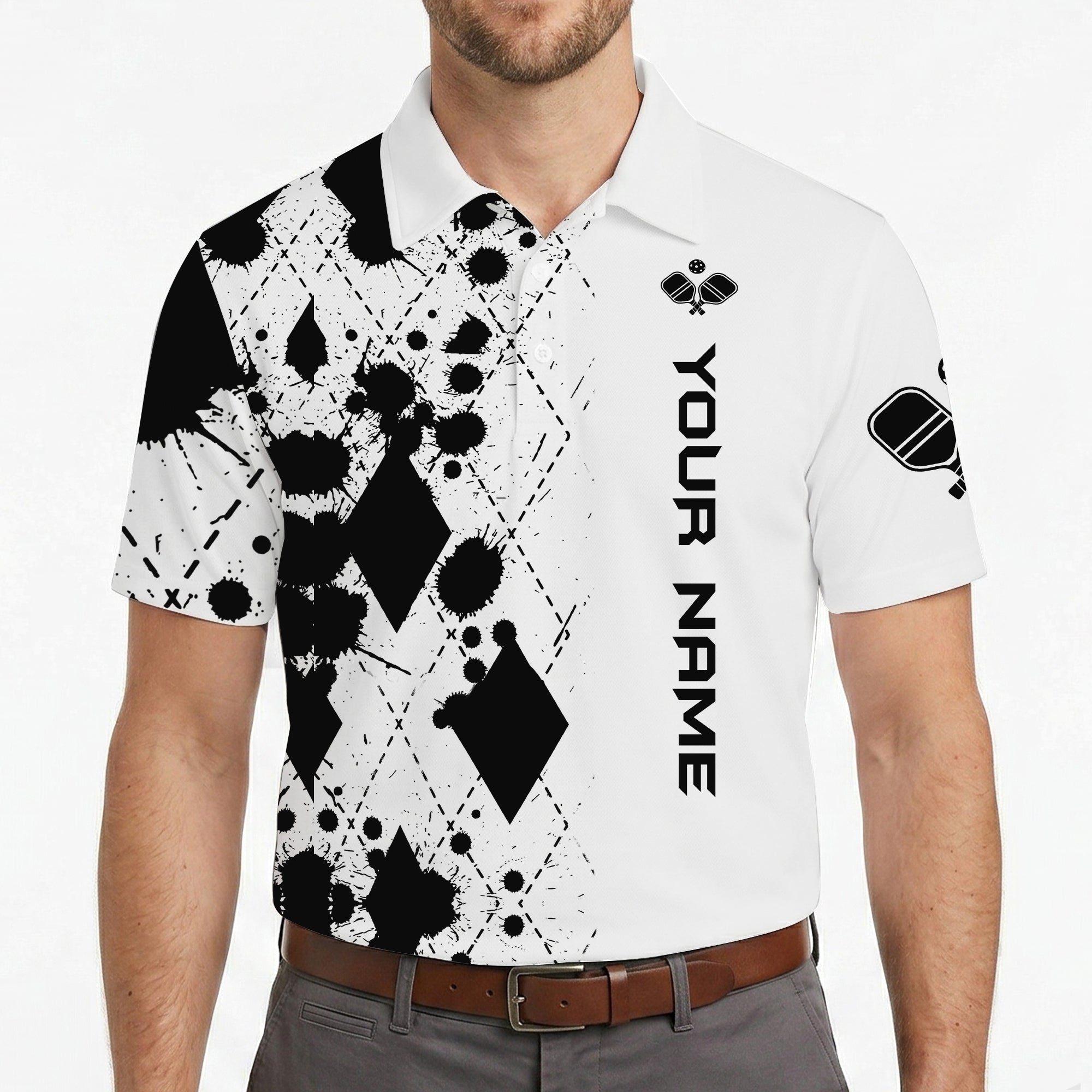 Black white ink splatter diamond pickleball polo with name variant 4