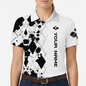 Black white ink splatter diamond pickleball polo with name variant 5