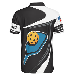 Black white pickleball polo with blue paddle yellow ball graphic variant 2