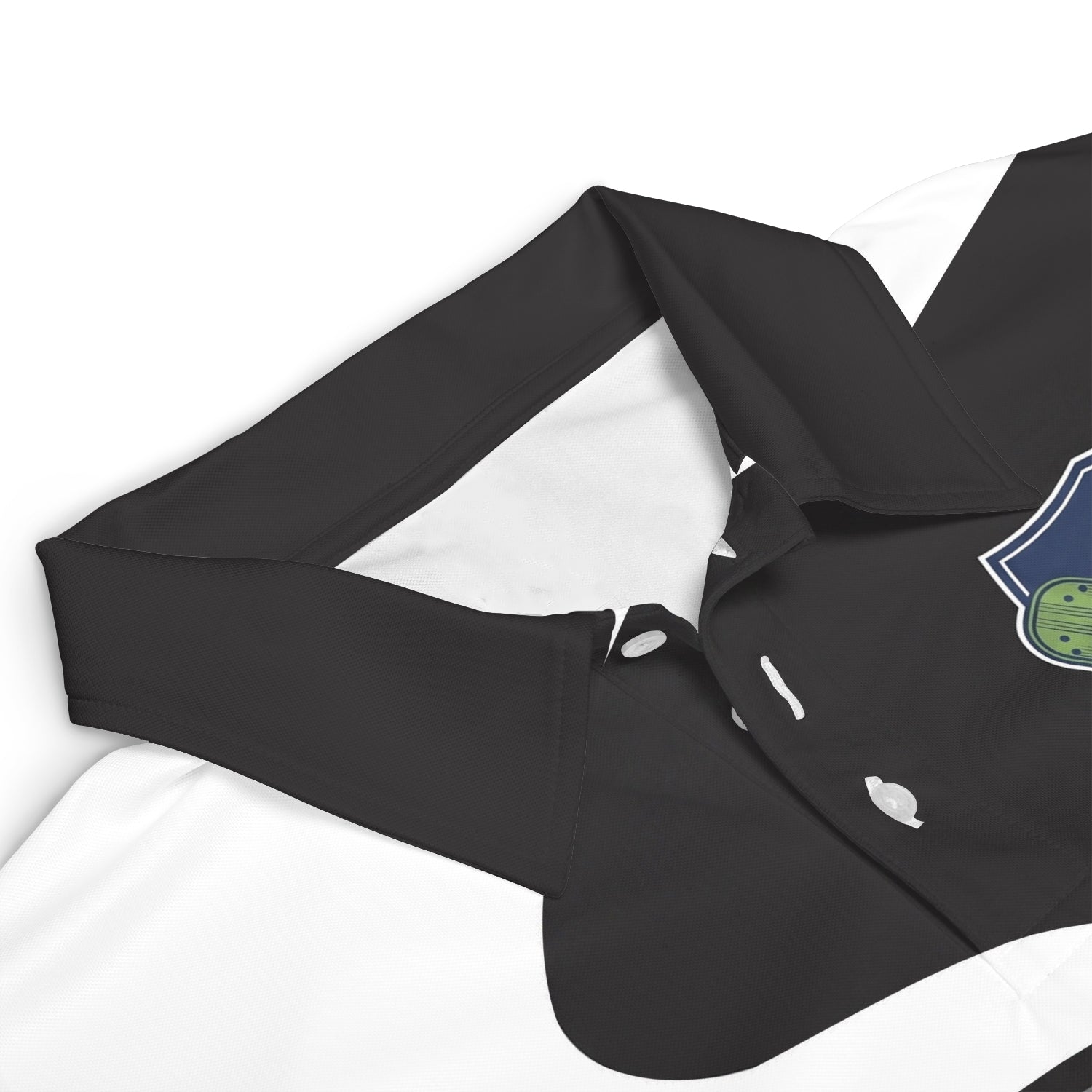 Black white pickleball polo with blue paddle yellow ball graphic variant 3