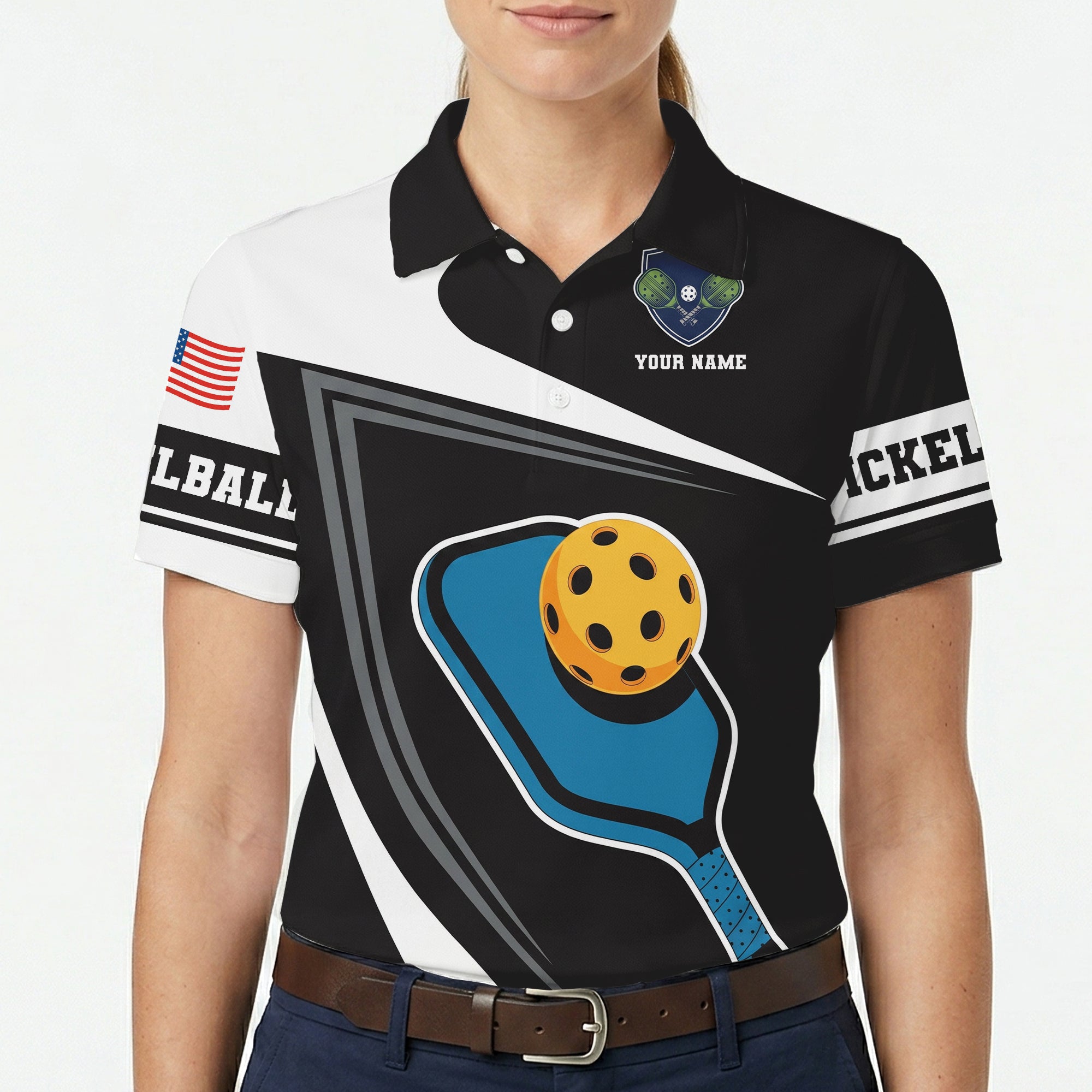 Black white pickleball polo with blue paddle yellow ball graphic variant 5