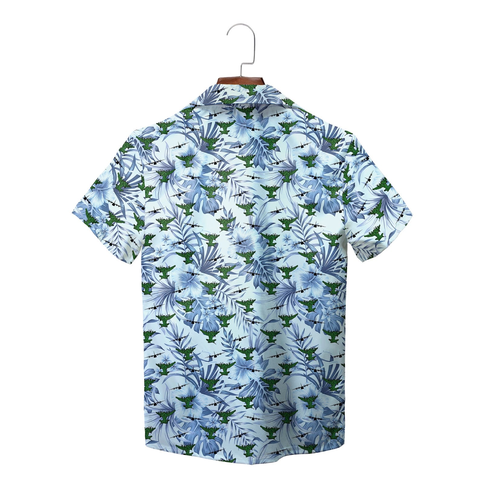 Light blue aloha shirt showing crocodiles palm fronds white blossoms variant 2