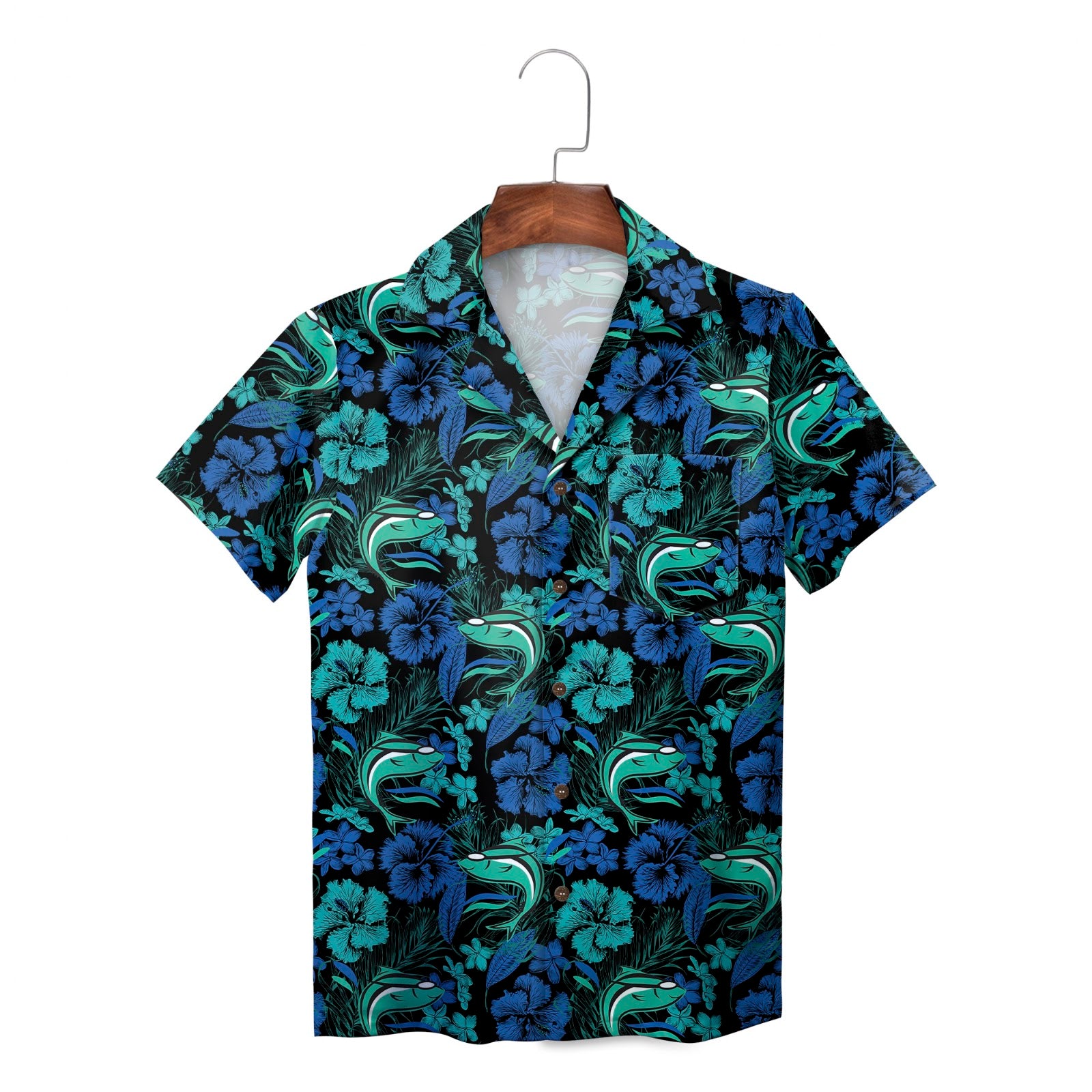 Black aloha shirt showing green shark heads teal blossoms