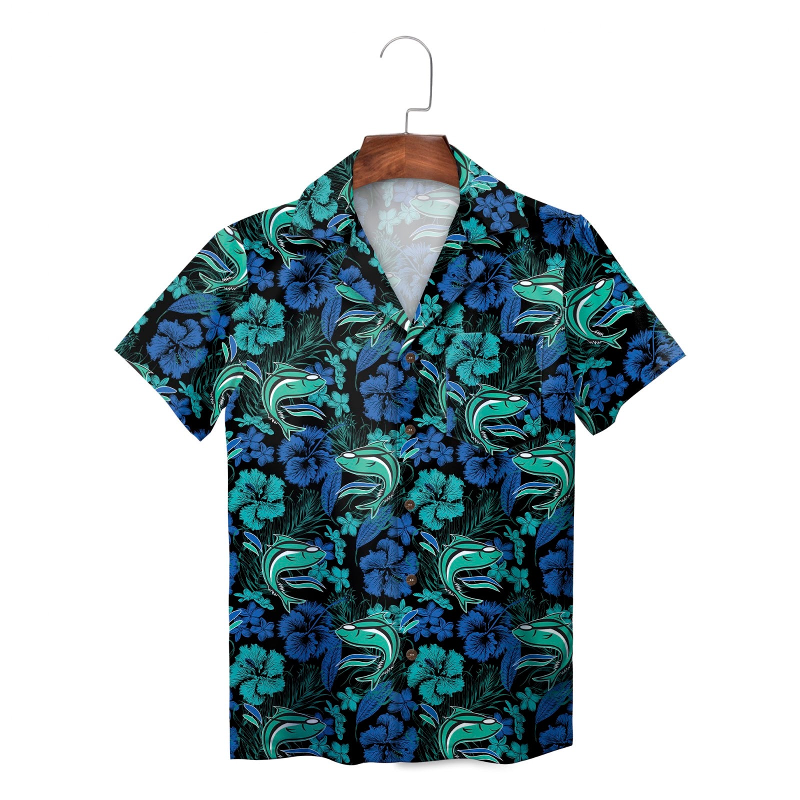 Black aloha shirt showing green shark heads teal blossoms variant 2