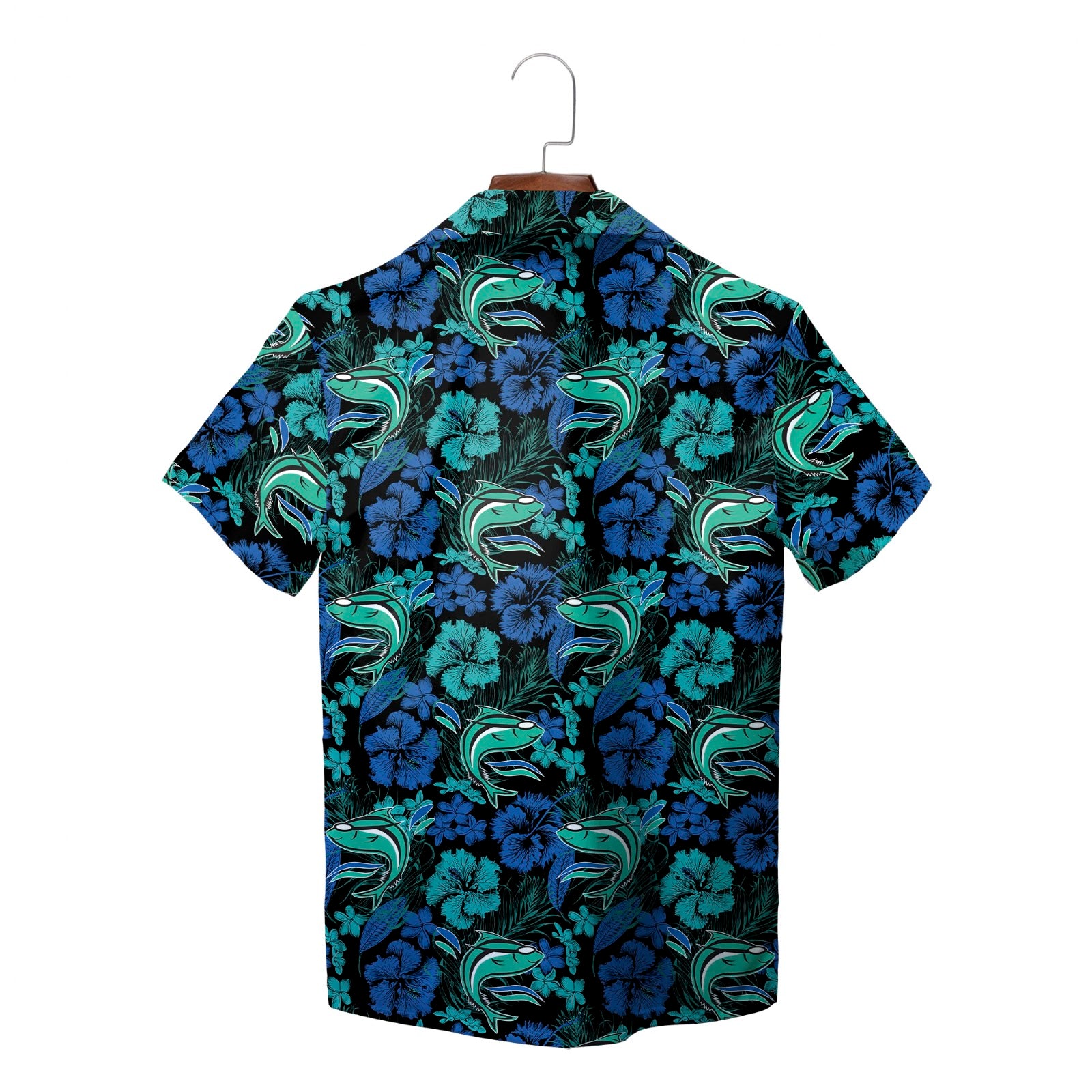 Black aloha shirt showing green shark heads teal blossoms variant 4