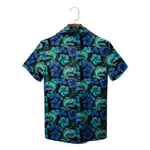 Black aloha shirt showing green shark heads teal blossoms variant 4