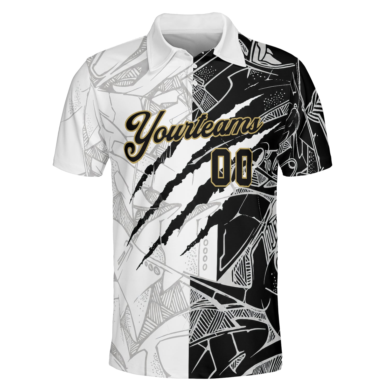 Two tone torn claw polo tee with gold script lettering