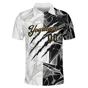 Two tone torn claw polo tee with gold script lettering