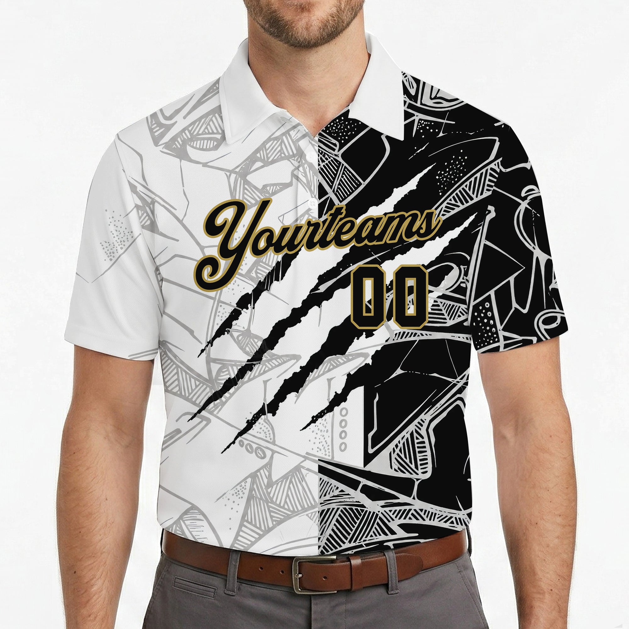 Two tone torn claw polo tee with gold script lettering variant 4