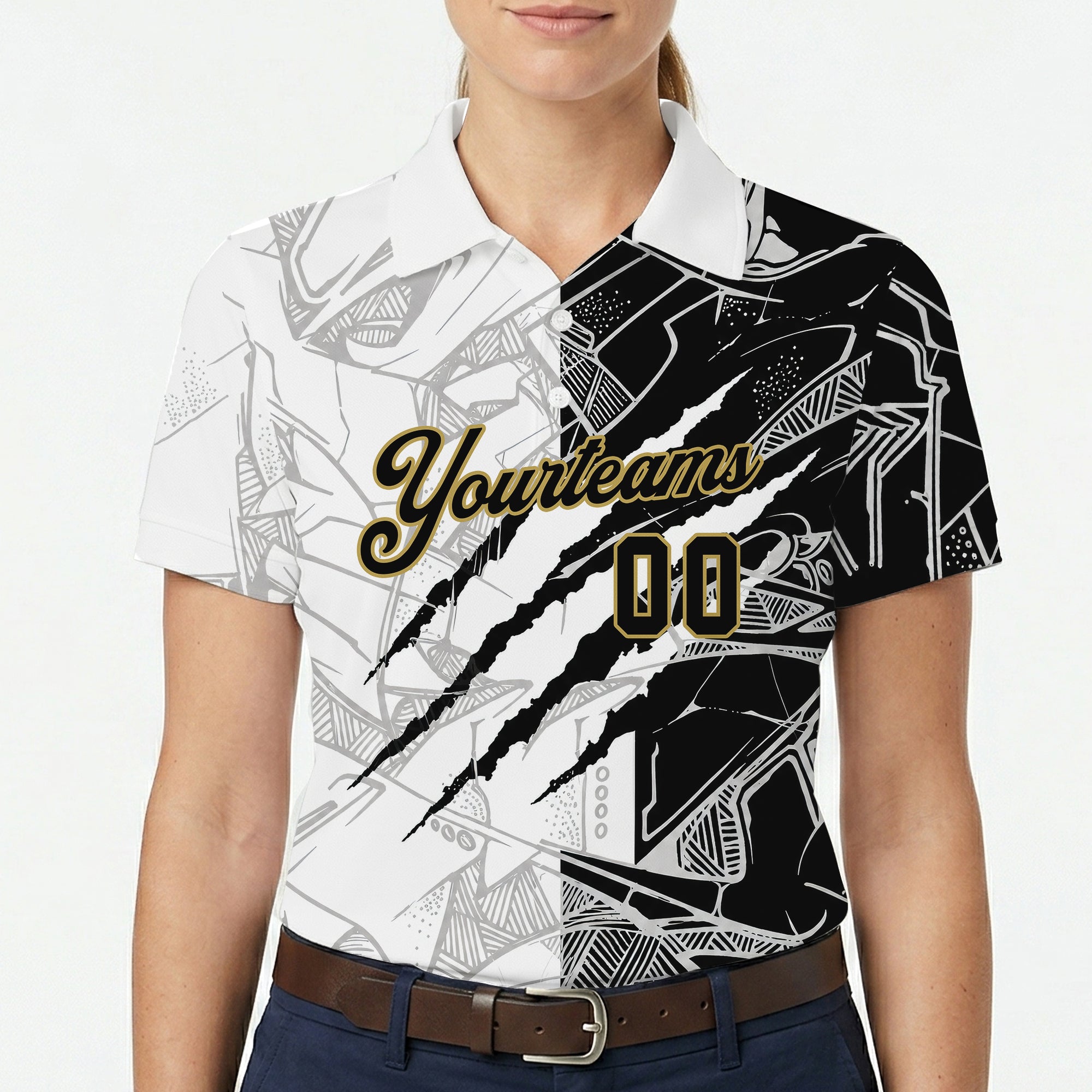 Two tone torn claw polo tee with gold script lettering variant 5