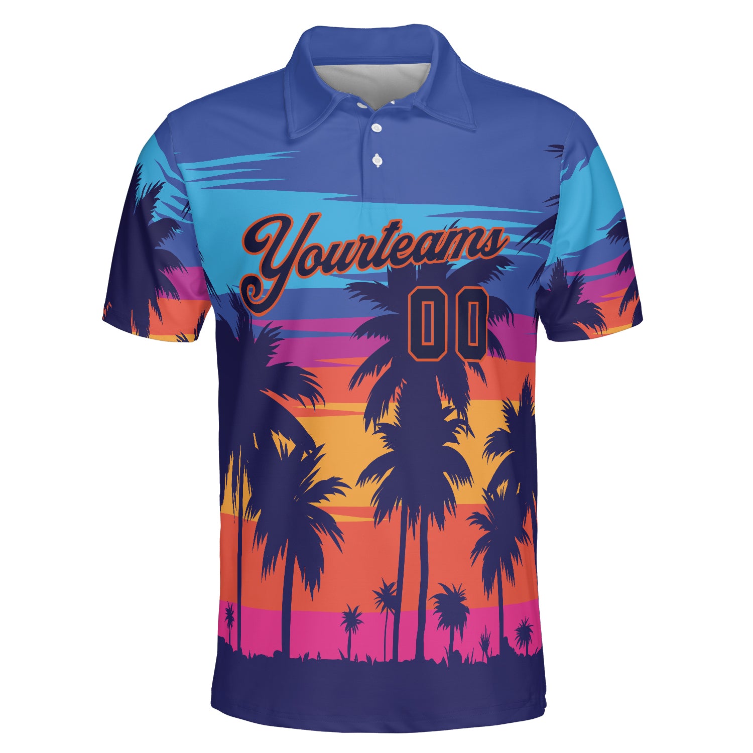 Blue orange pink sunset polo with palm tree silhouettes