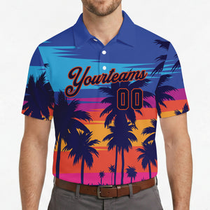 Blue orange pink sunset polo with palm tree silhouettes variant 4