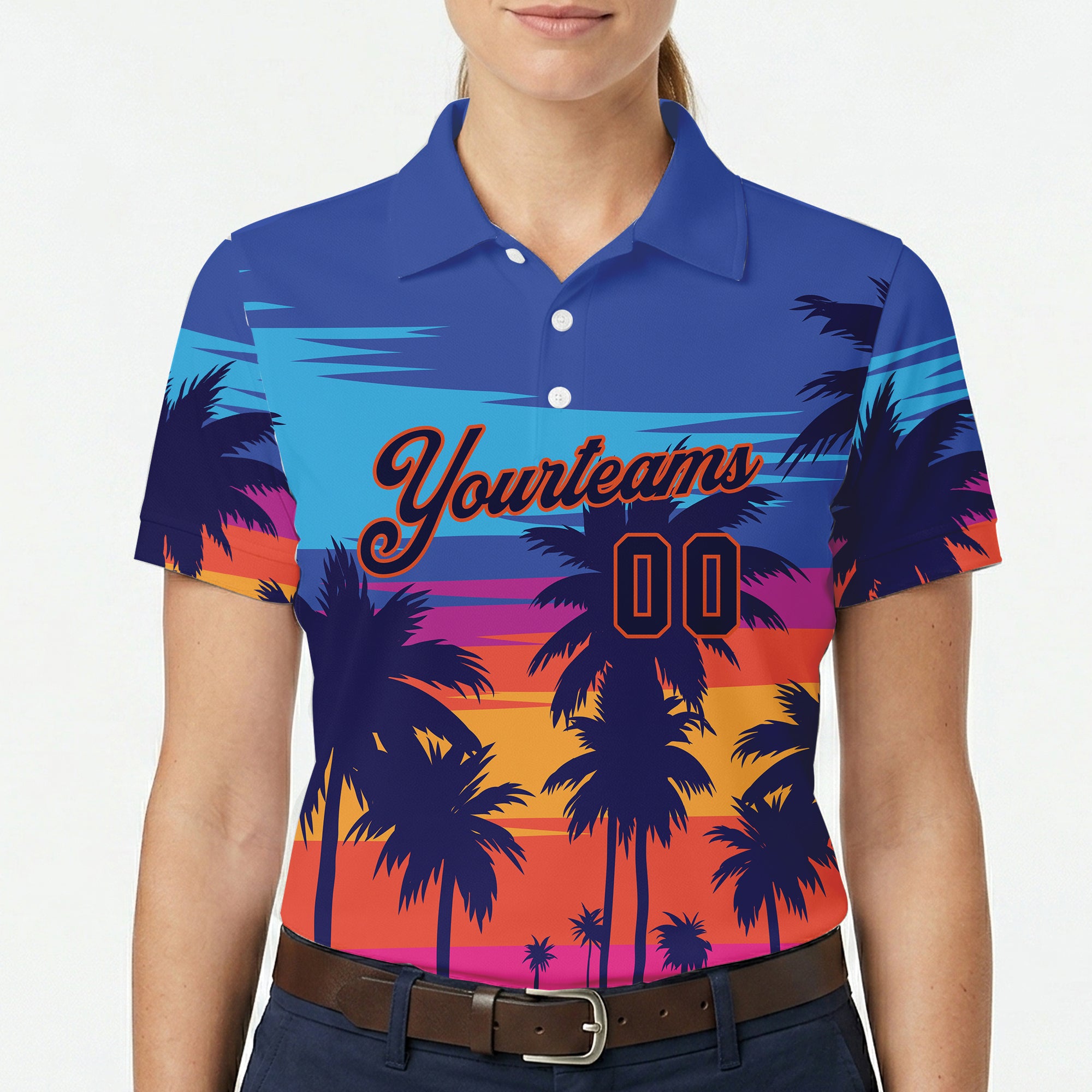 Blue orange pink sunset polo with palm tree silhouettes variant 5