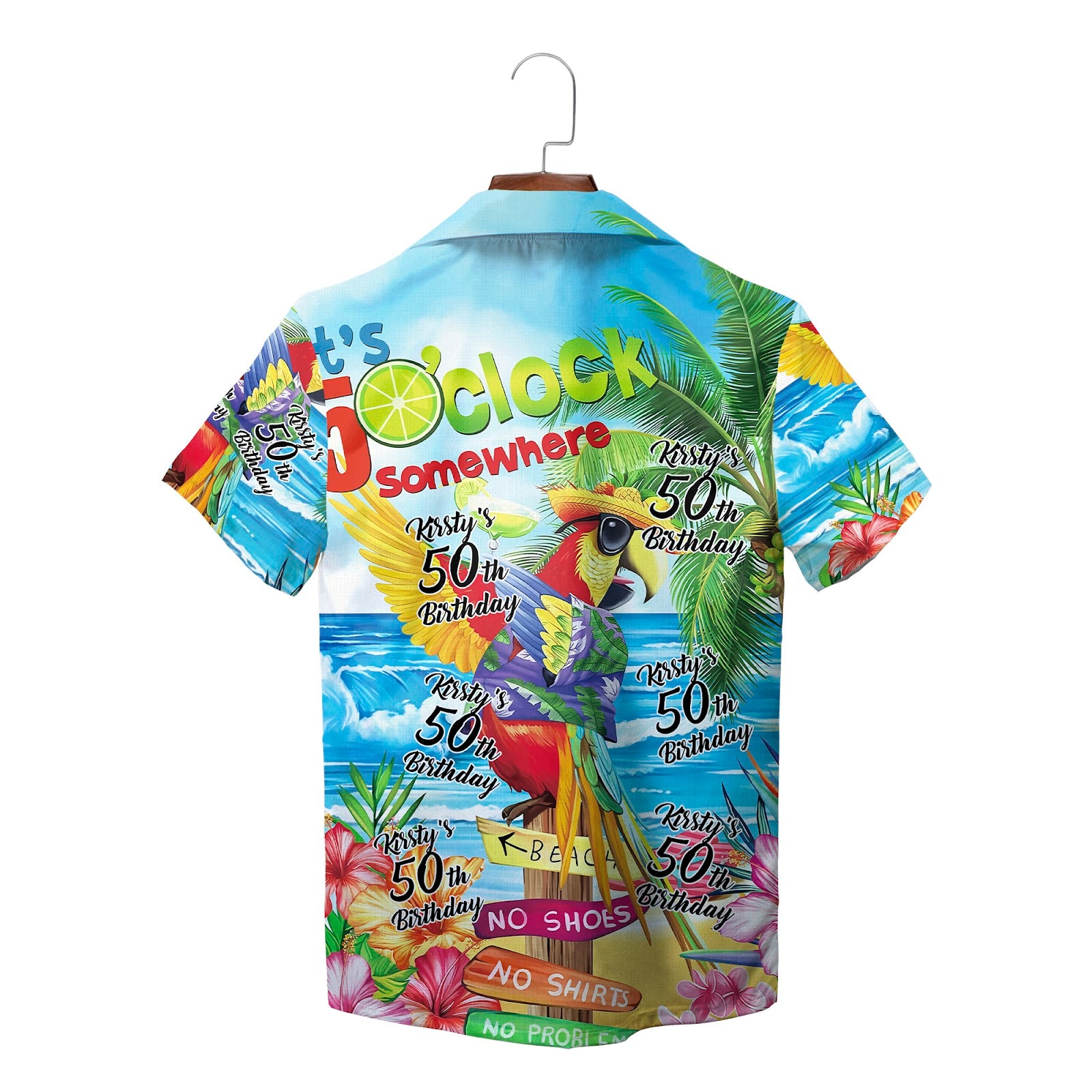 Colorful parrot beach scene Hawaiian shirt with custom birthday text variant 2