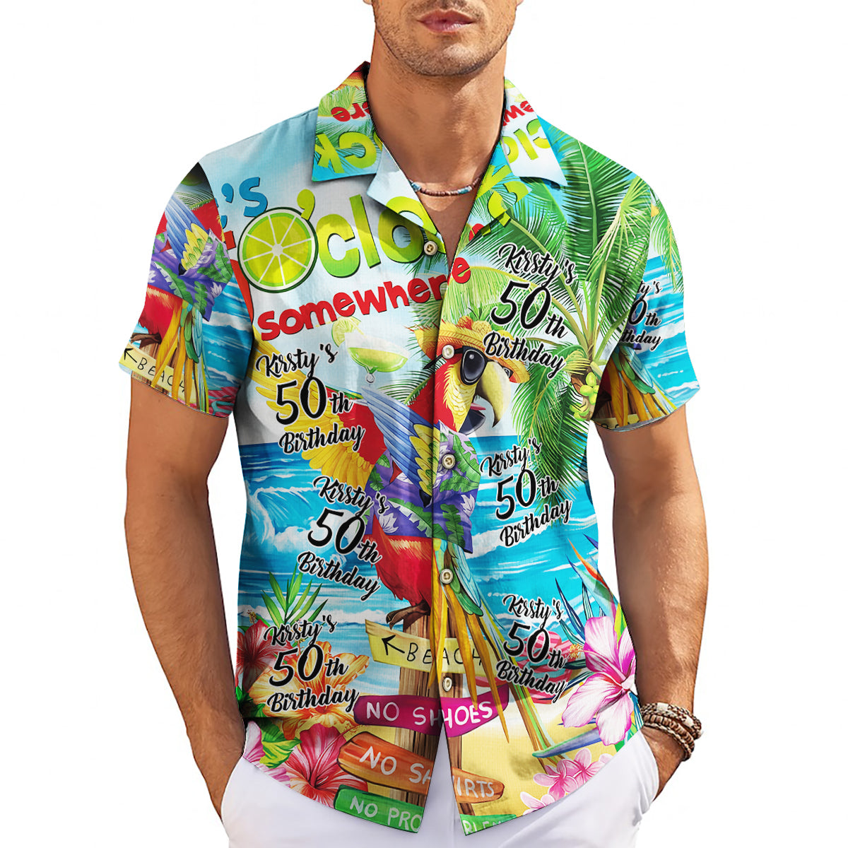 Colorful parrot beach scene Hawaiian shirt with custom birthday text variant 3