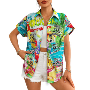 Colorful parrot beach scene Hawaiian shirt with custom birthday text variant 4