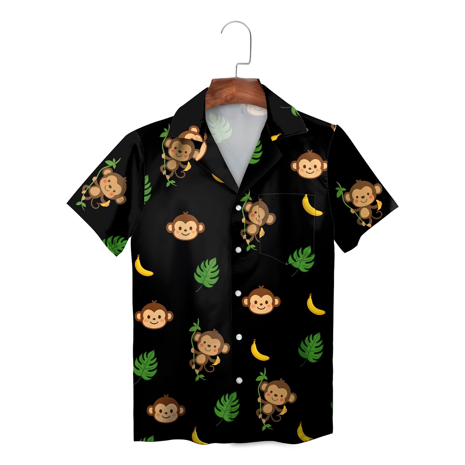 Black Hawaiian shirt with cartoon monkeys bananas green leaves