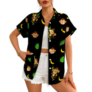 Black Hawaiian shirt with cartoon monkeys bananas green leaves variant 4