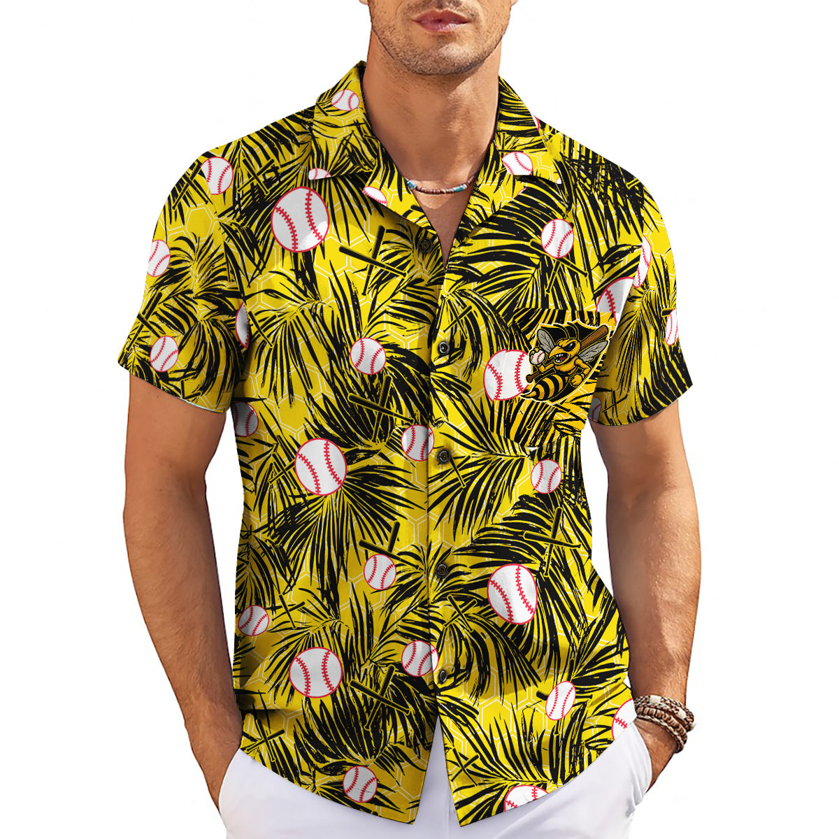 Yellow camp shirt featuring baseballs palm fronds bee crest variant 3