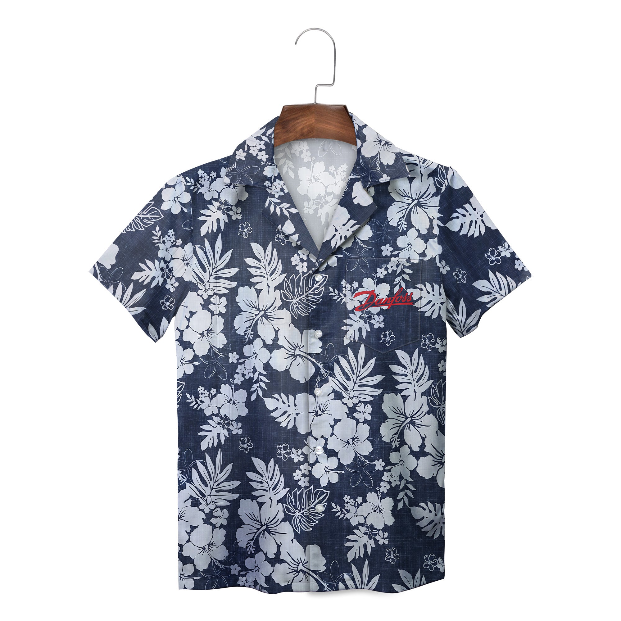 Indigo aloha shirt showing white hibiscus monstera print