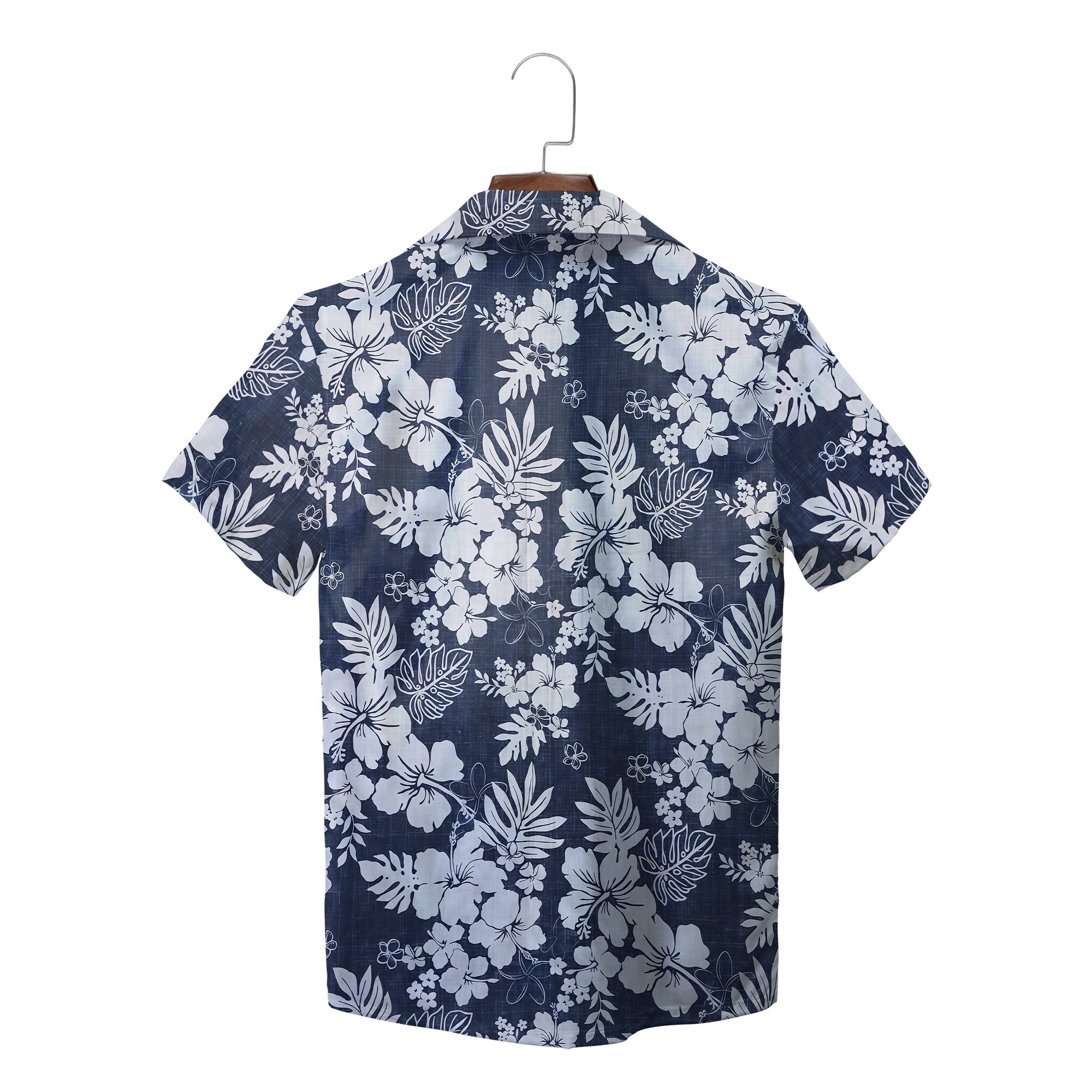 Indigo aloha shirt showing white hibiscus monstera print variant 2