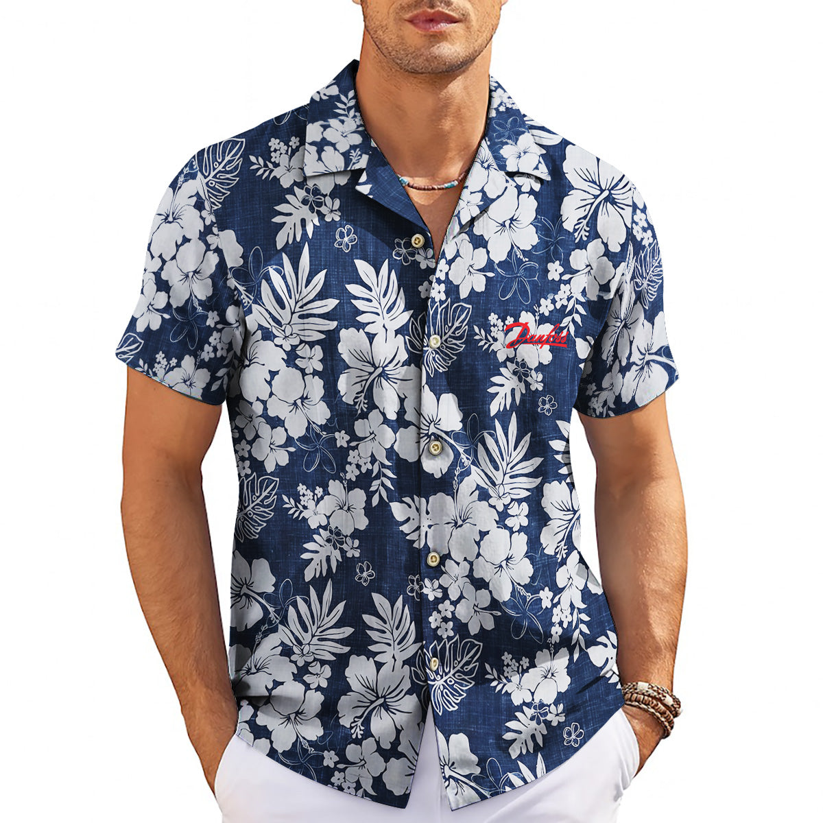 Indigo aloha shirt showing white hibiscus monstera print variant 3