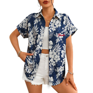 Indigo aloha shirt showing white hibiscus monstera print variant 4