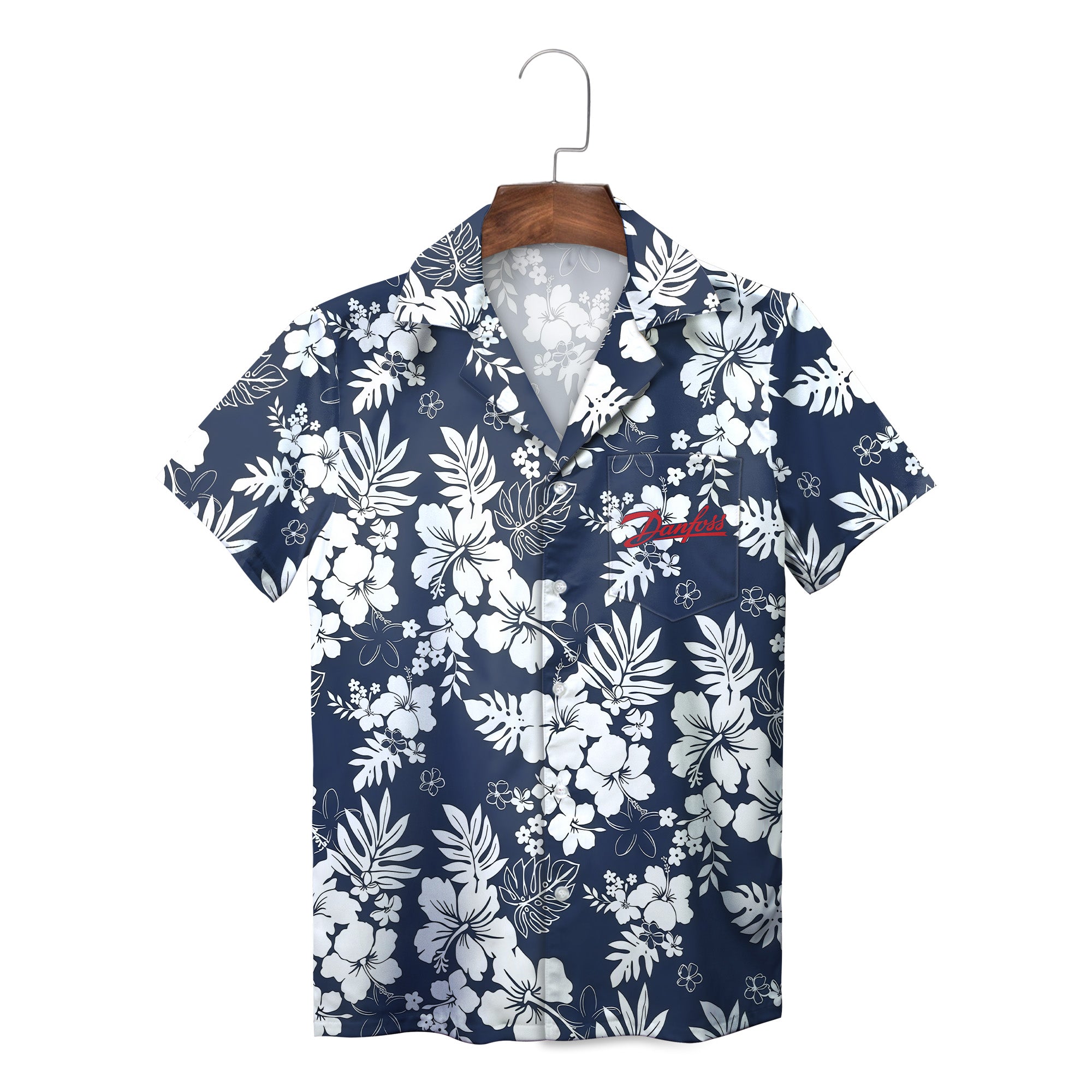 Navy blue Hawaiian shirt white hibiscus Danfoss logo