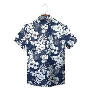 Navy blue Hawaiian shirt white hibiscus Danfoss logo variant 3