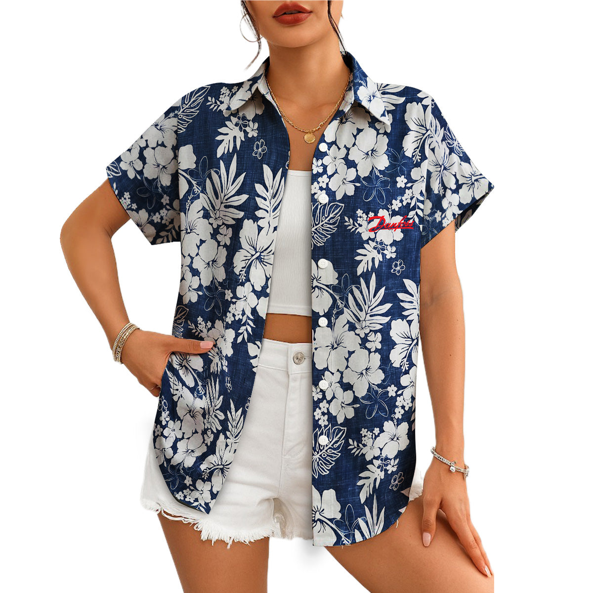 Navy blue Hawaiian shirt white hibiscus Danfoss logo variant 6
