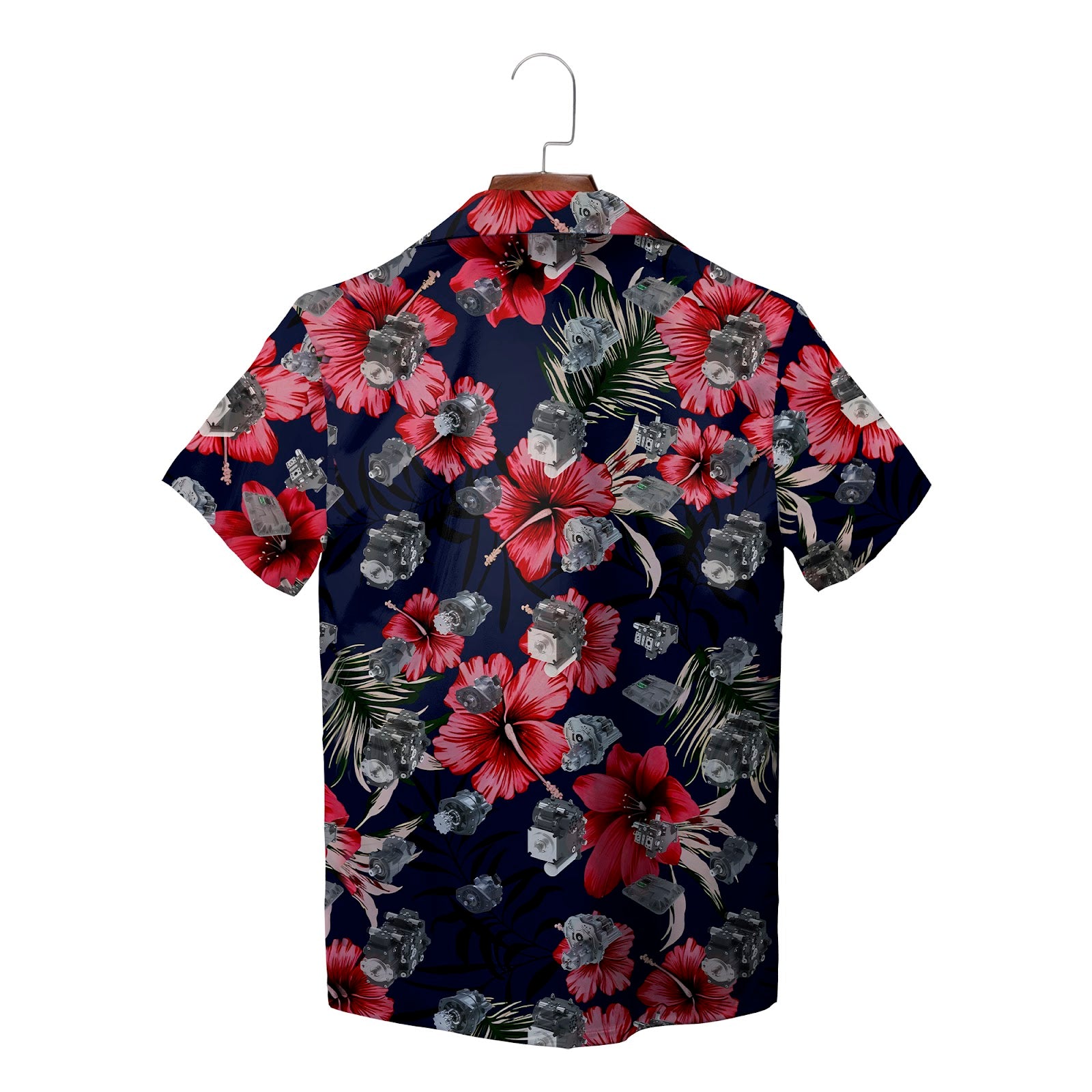Navy aloha shirt red hibiscus blooms Danfoss pocket logo variant 2