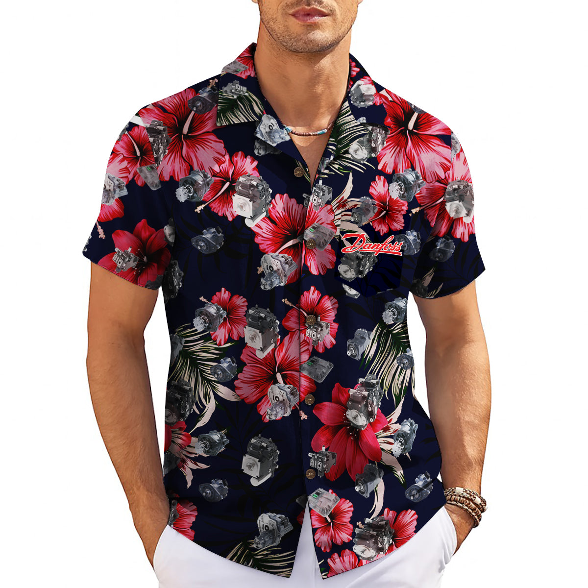 Navy aloha shirt red hibiscus blooms Danfoss pocket logo variant 3
