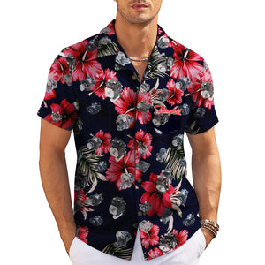 Navy aloha shirt red hibiscus blooms Danfoss pocket logo variant 3