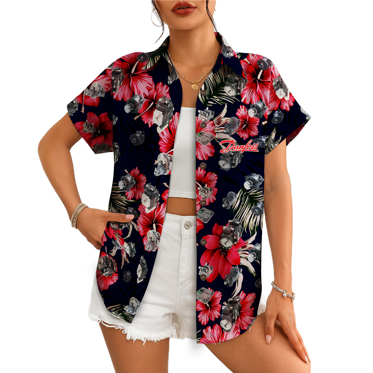 Navy aloha shirt red hibiscus blooms Danfoss pocket logo variant 4