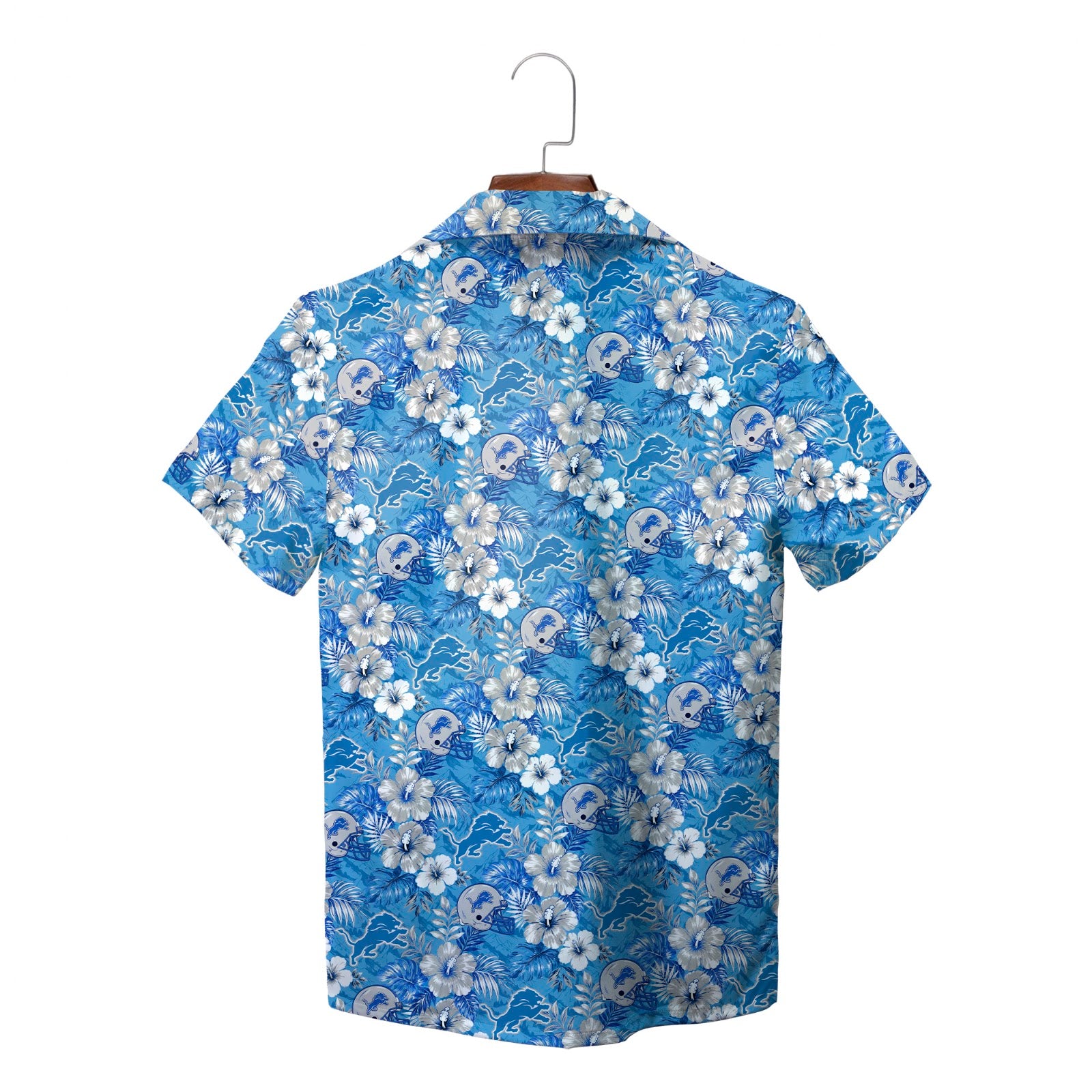 Blue tropical print button down shirt on wooden hanger variant 2