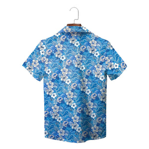 Blue tropical print button down shirt on wooden hanger variant 2