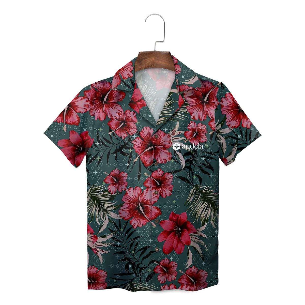 Red Hibiscus and Sparkle Star Deep Green Custom Hawaiian Shirt