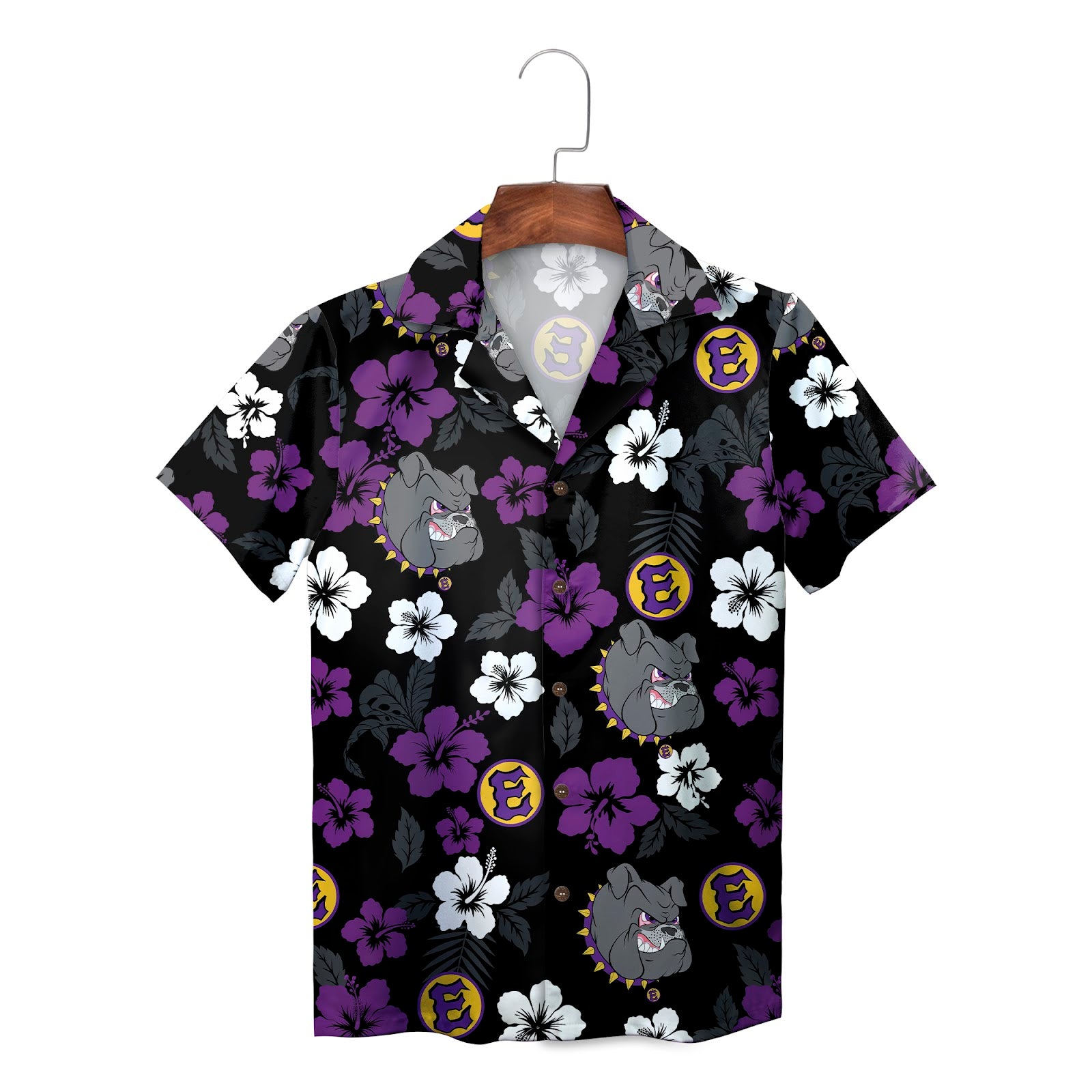 Black aloha shirt bulldog logo purple white flowers