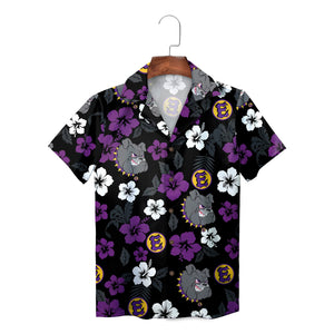 Black aloha shirt bulldog logo purple white flowers