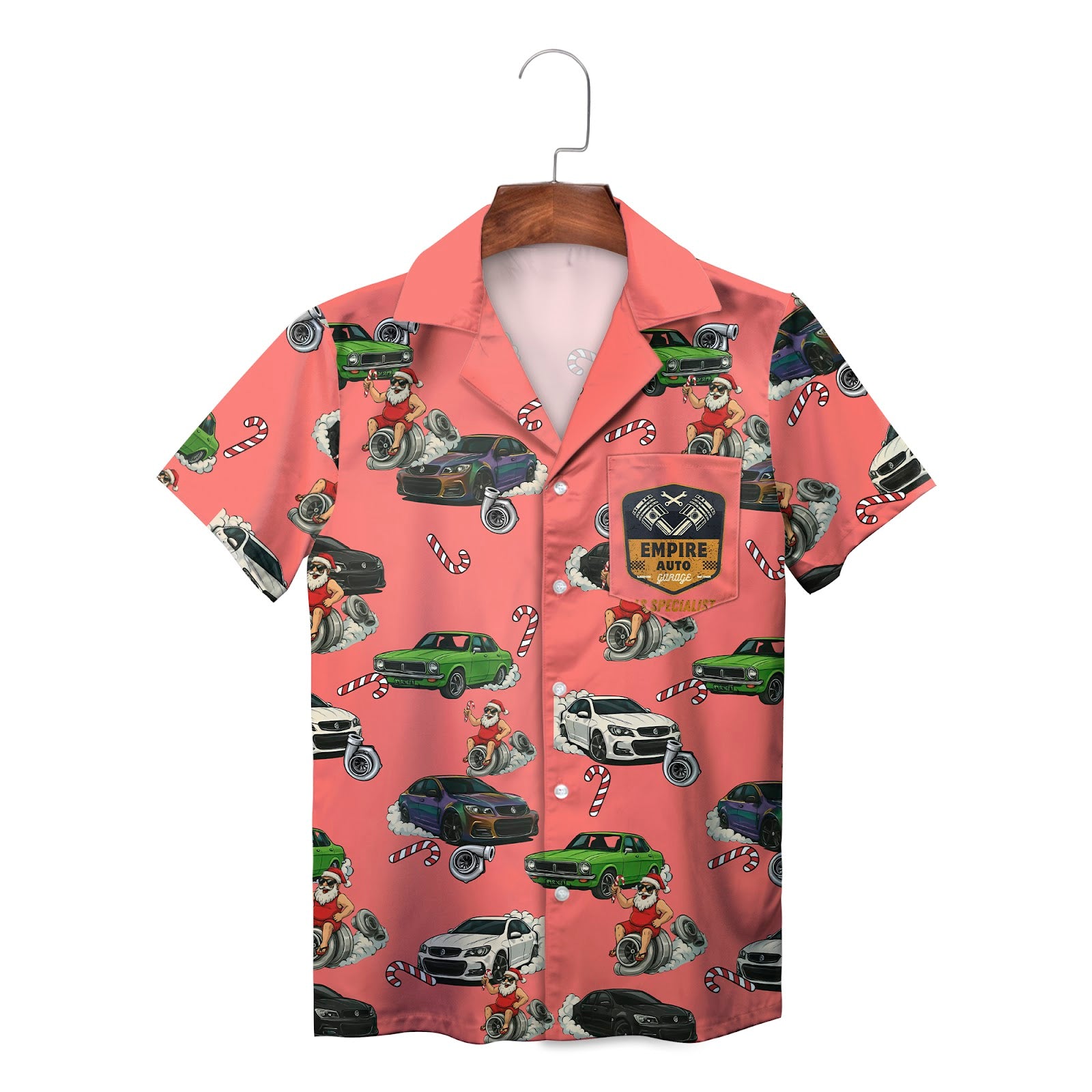 Coral pink Hawaiian shirt with cars Santa and candy canes
