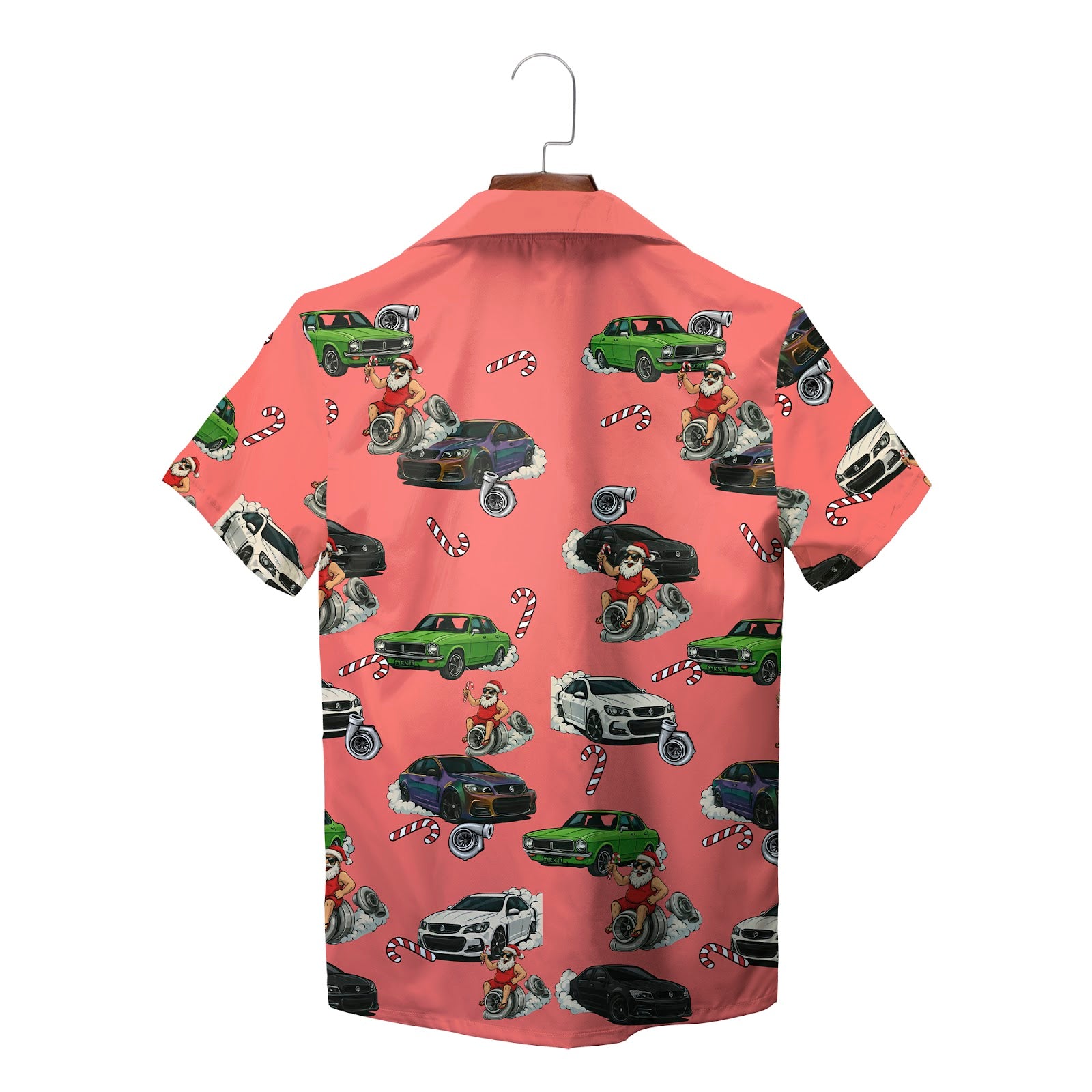 Coral pink Hawaiian shirt with cars Santa and candy canes variant 2