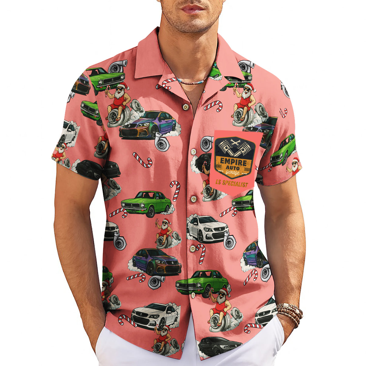 Coral pink Hawaiian shirt with cars Santa and candy canes variant 3