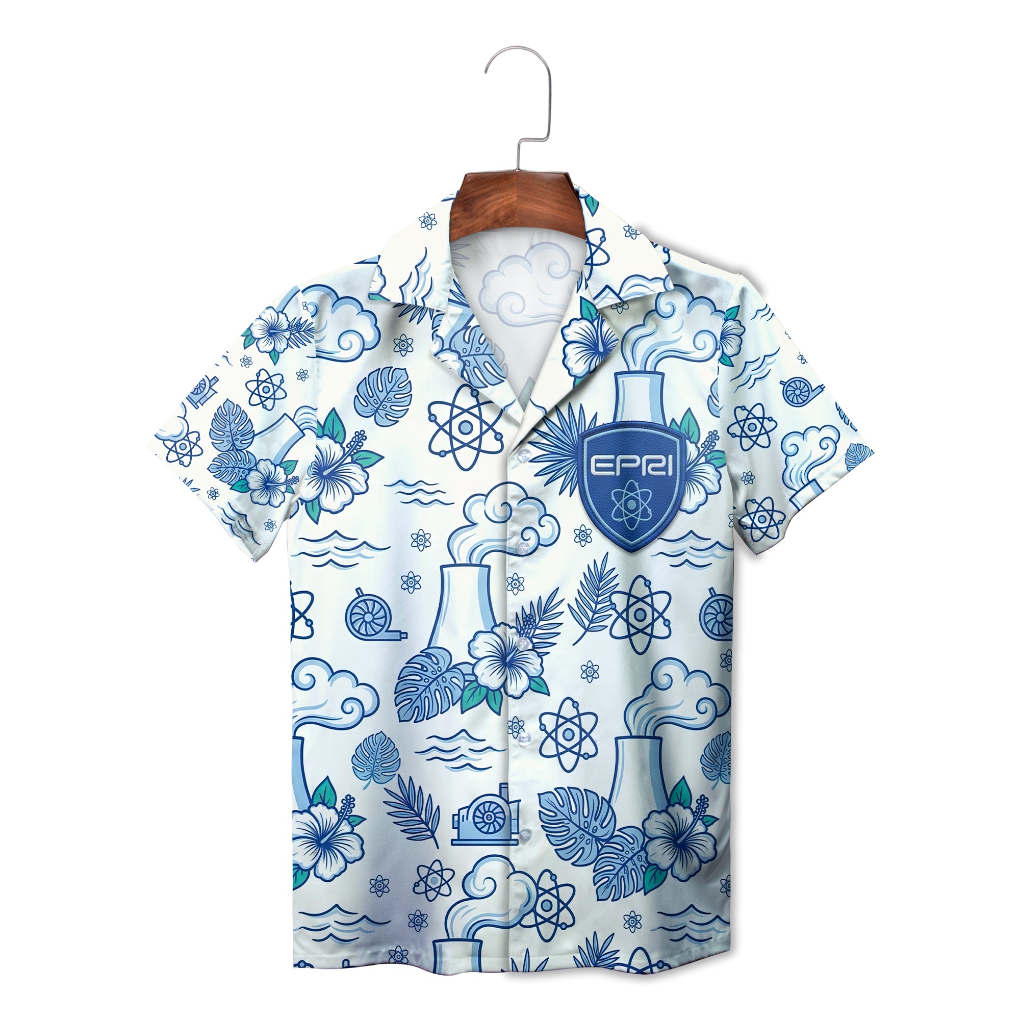 White blue EPRI nuclear cooling tower hibiscus aloha shirt