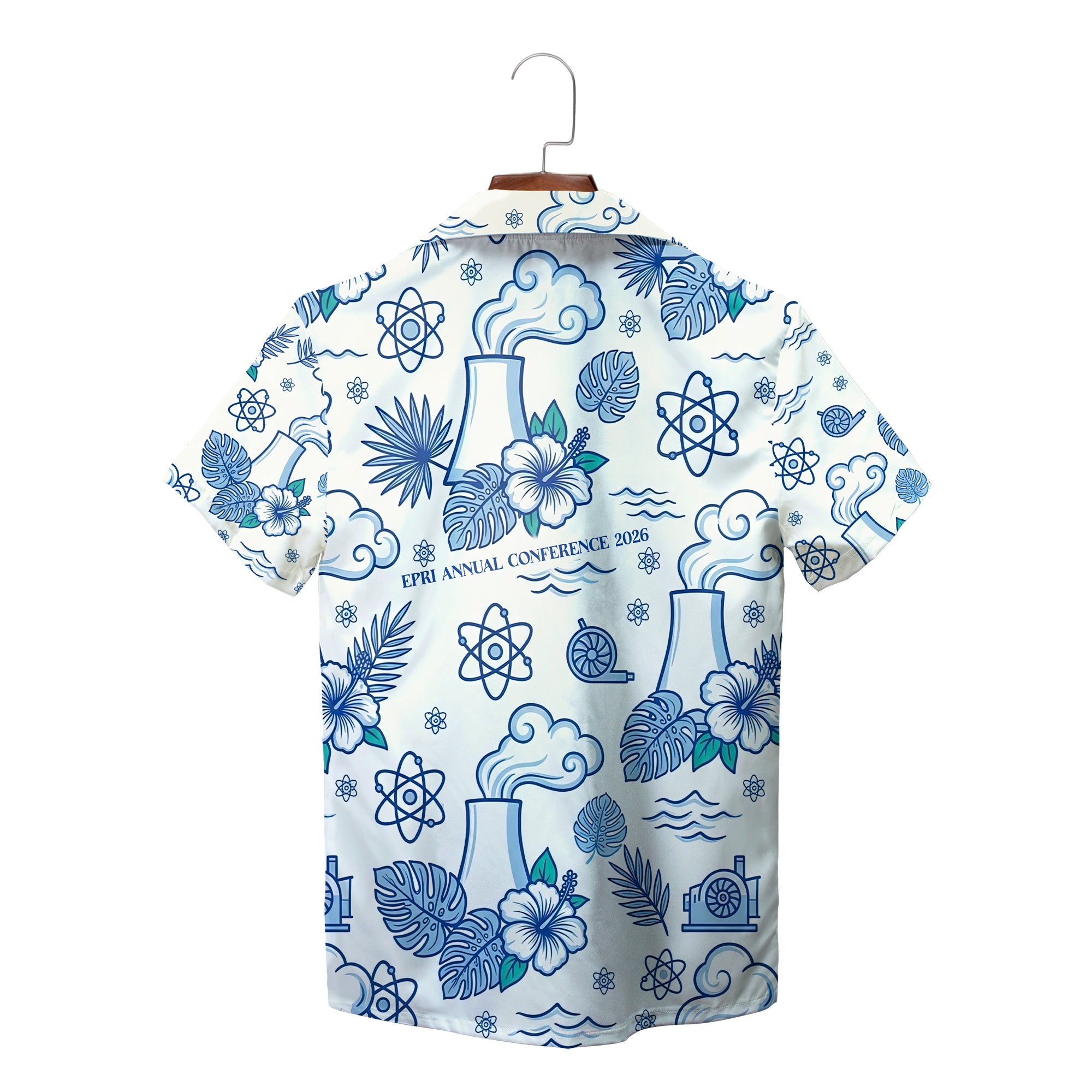 White blue EPRI nuclear cooling tower hibiscus aloha shirt variant 2