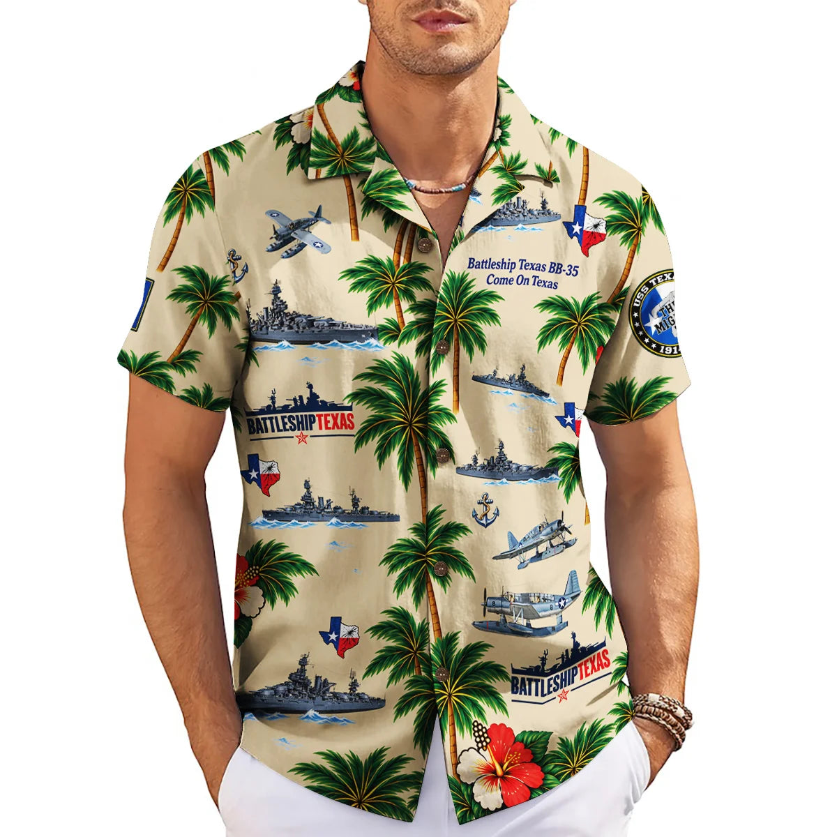 Battleship and Palm Tree Sand Beige Custom Hawaiian Shirt