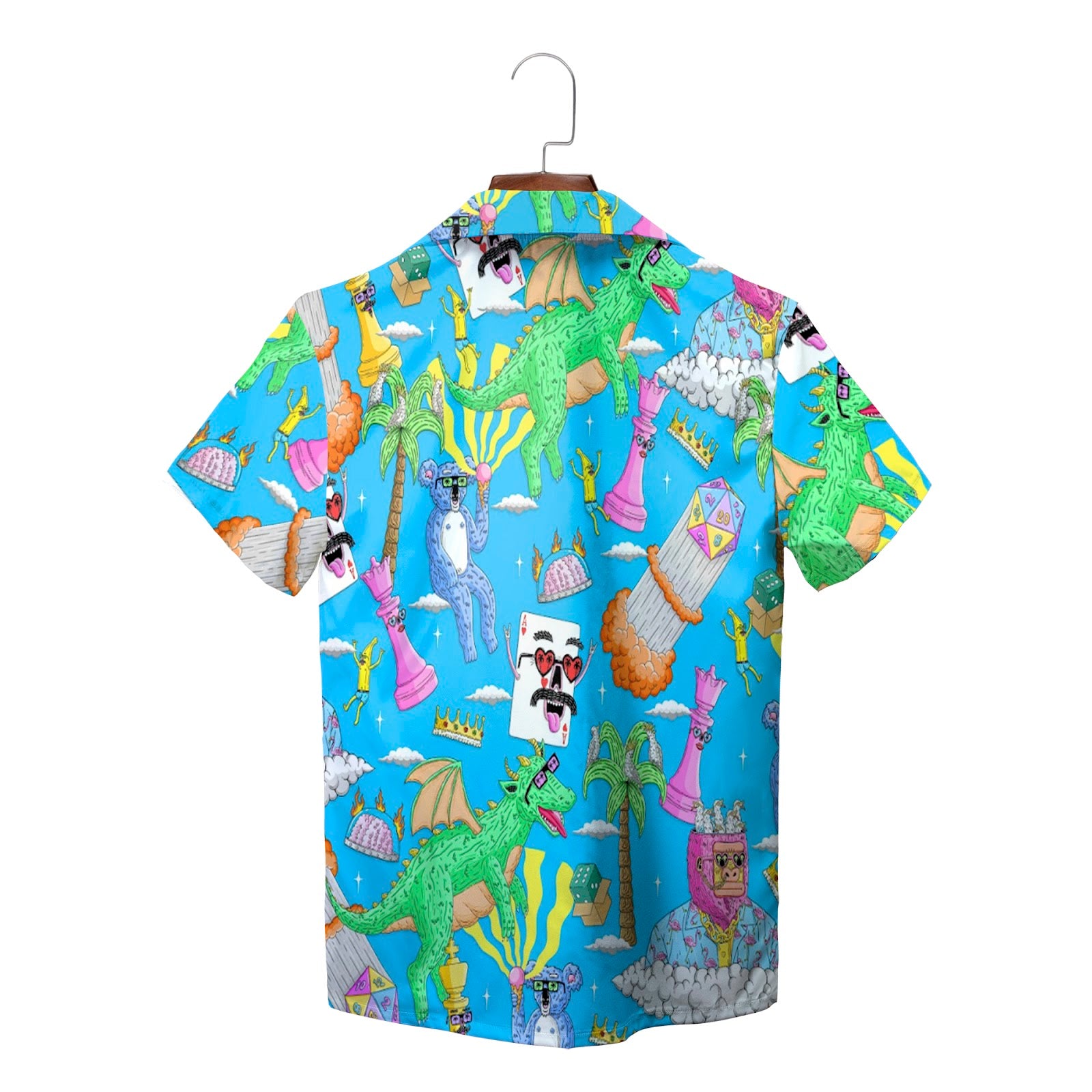 Blue Hawaiian shirt with cartoon dragons dice chess pieces variant 2