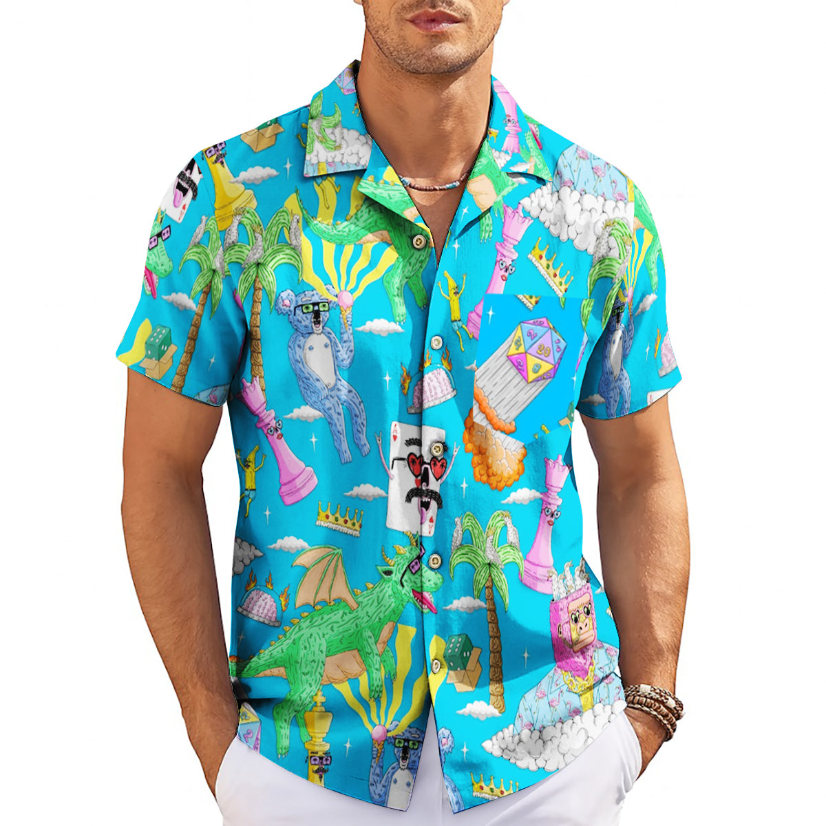 Blue Hawaiian shirt with cartoon dragons dice chess pieces variant 3