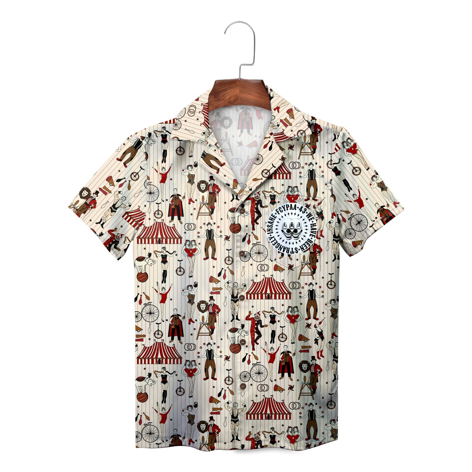 Cream striped circus print shirt with clown skull pocket badge